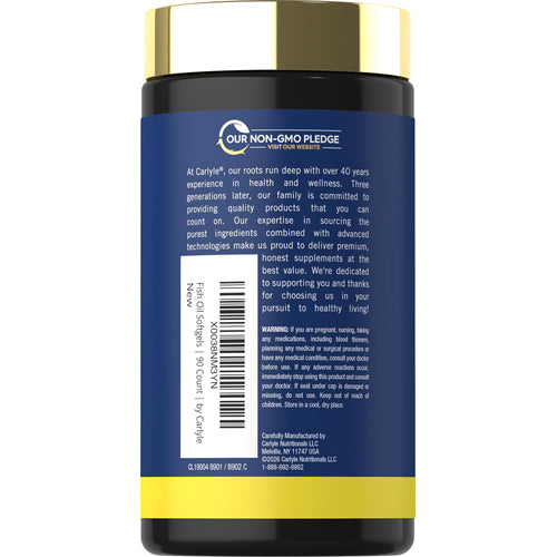 View 3 Carlyle Fish Oil 3000 mg bottle with 90 softgels, back label showing Non-GMO Pledge logo, brand details, and usage warnings.
