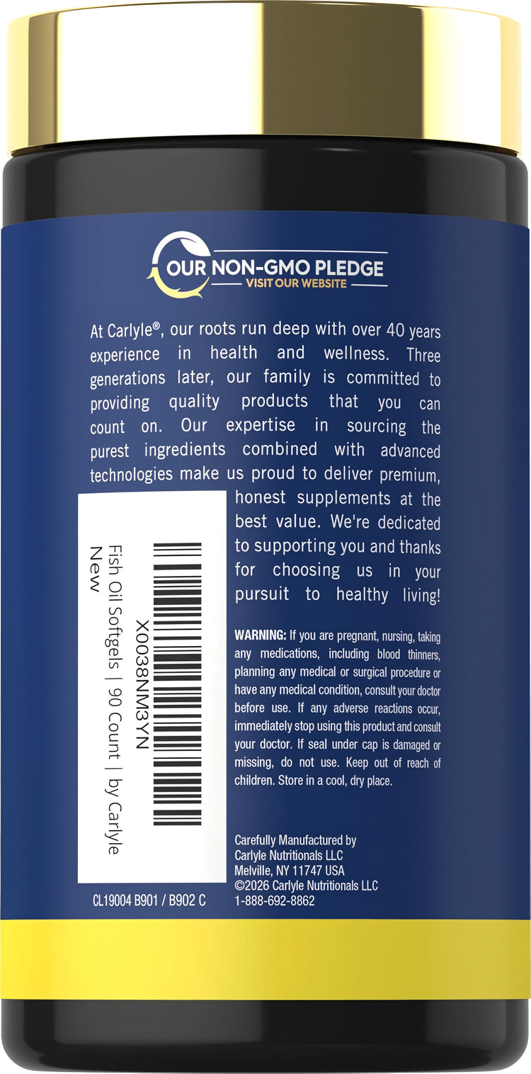 Carlyle Fish Oil 3000 mg bottle with 90 softgels, back label showing Non-GMO Pledge logo, brand details, and usage warnings.