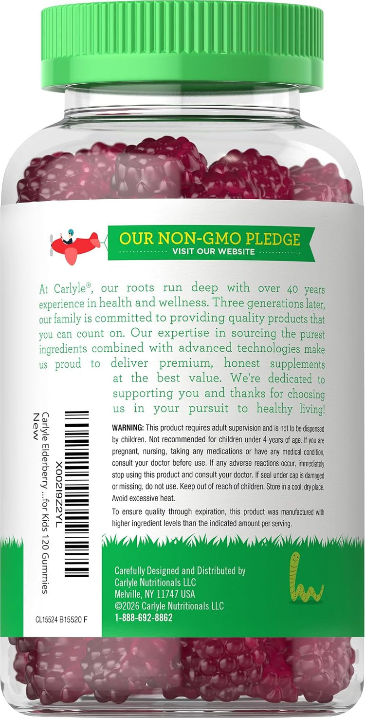 Carlyle Kids Elderberry Gummies jar filled with red-purple gummies, containing 120 pieces.