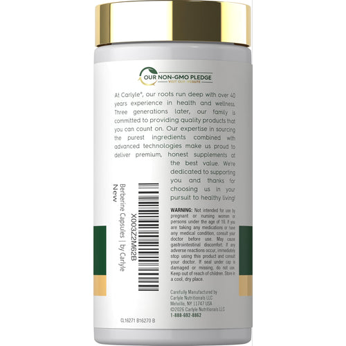 View 3 Carlyle Berberine 60 Capsules bottle with label showing 'OUR NON-GMO PLEDGE' logo.