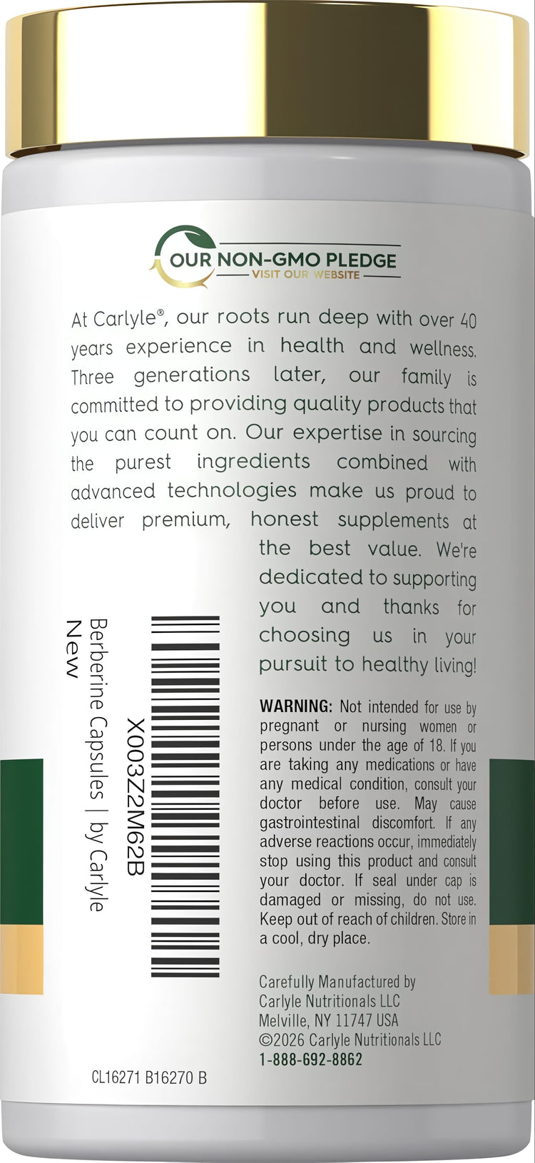 Carlyle Berberine 60 Capsules bottle with label showing 'OUR NON-GMO PLEDGE' logo.