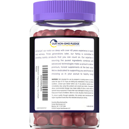 View 3 Carlyle Melatonin 1mg Gummy, containing 90 gummies per bottle, is designed for sleep support with a berry flavor.