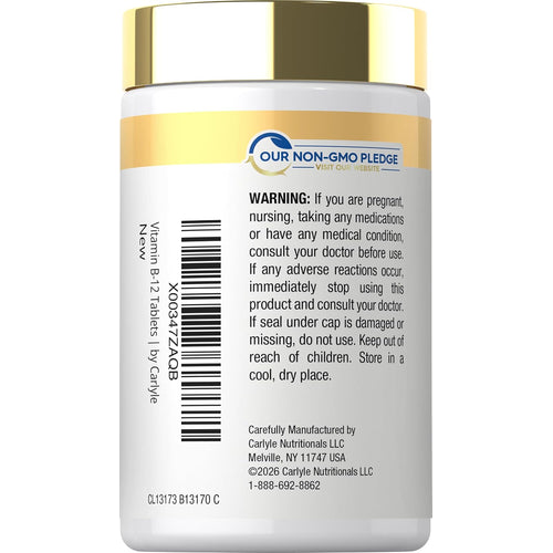 View 3 Carlyle Timed Release Vitamin B-12 1000 mcg bottle containing 250 tablets.