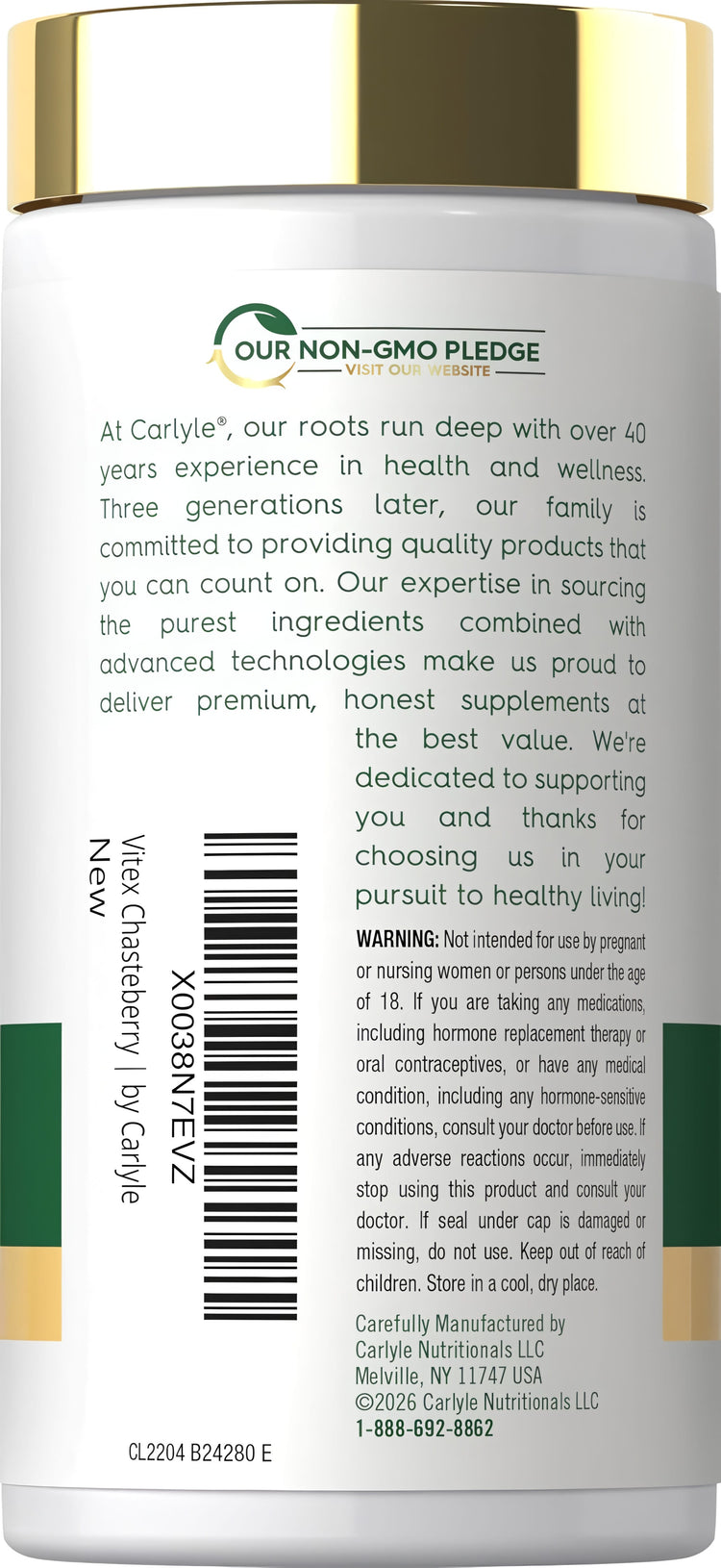 Carlyle Vitex supplement, 820 mg, 150 capsules per bottle.