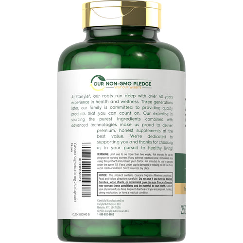 View 3 Carlyle Cascara Sagrada 450 mg capsules, 250 count, Non-GMO, dietary supplement.