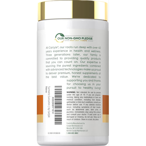 View 3 Carlyle Turmeric Curcumin 180 Capsules jar displaying 'Our Non-GMO Pledge' on the front label.