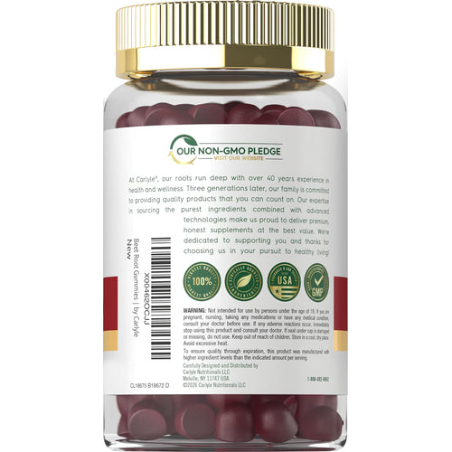 View 3 Carlyle Beet Root 60 Gummies bottle with a gold ribbed cap and visible red gummies.