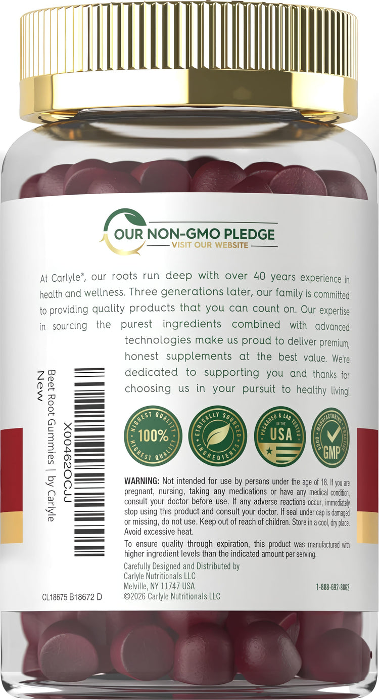 Carlyle Beet Root 60 Gummies bottle with a gold ribbed cap and visible red gummies.