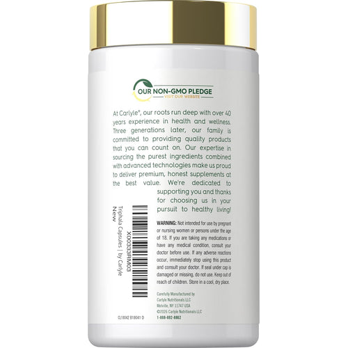 View 2 Carlyle Triphala 1500 mg in a white bottle with a gold cap, 180 NON-GMO Capsules.