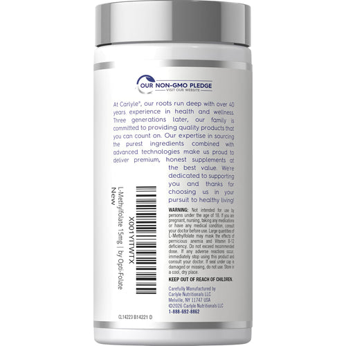 View 3 This is a bottle of L-Methylfolate 15 mg with 120 capsules featuring the 'Our Non-GMO Pledge' logo.