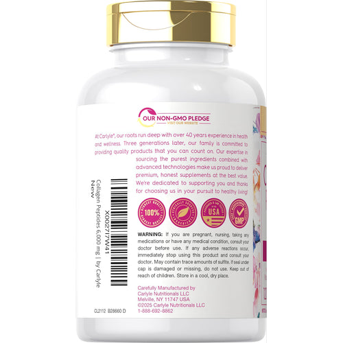 View 3 CL Collagen Peptides 6000 mg plus Vitamin C 120 caplets bottle displayed on a surface.