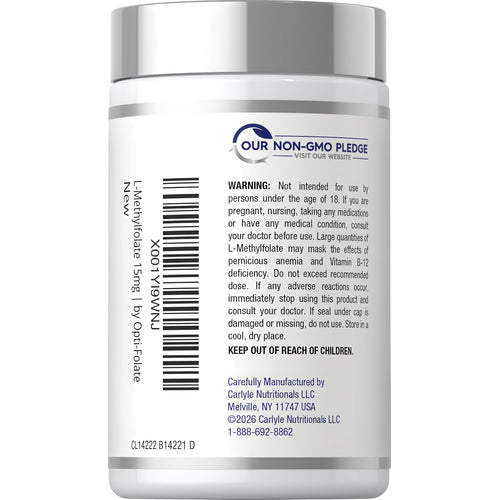 View 3 Opti-Folate L-Methylfolate 15mg, 90 capsules bottle.