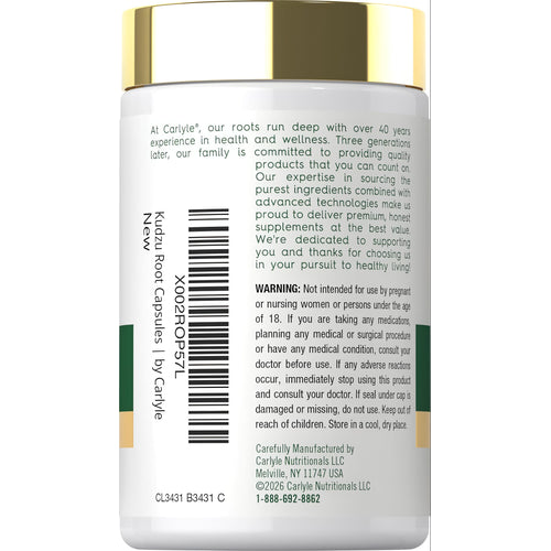View 3 Carlyle Kudzu Root supplement, 1600mg, contains 100 capsules in the bottle.