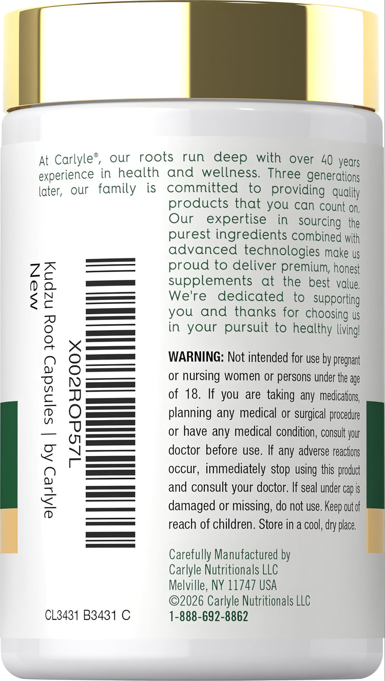 Carlyle Kudzu Root supplement, 1600mg, contains 100 capsules in the bottle.