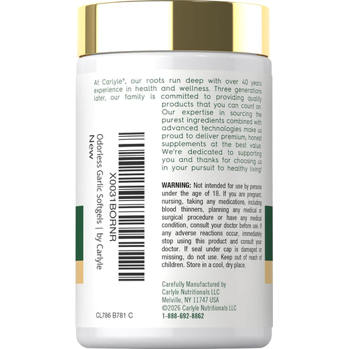 View 3 Carlyle Odorless Garlic 1500 mg bottle with 250 softgels for dietary supplement.