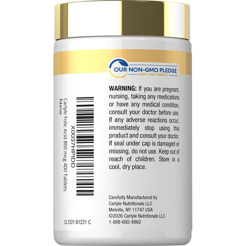 View 3 Carlyle Folic Acid 800 mcg 400 Tablets bottle displays 'Our Non-GMO Pledge' and product warnings on the label.