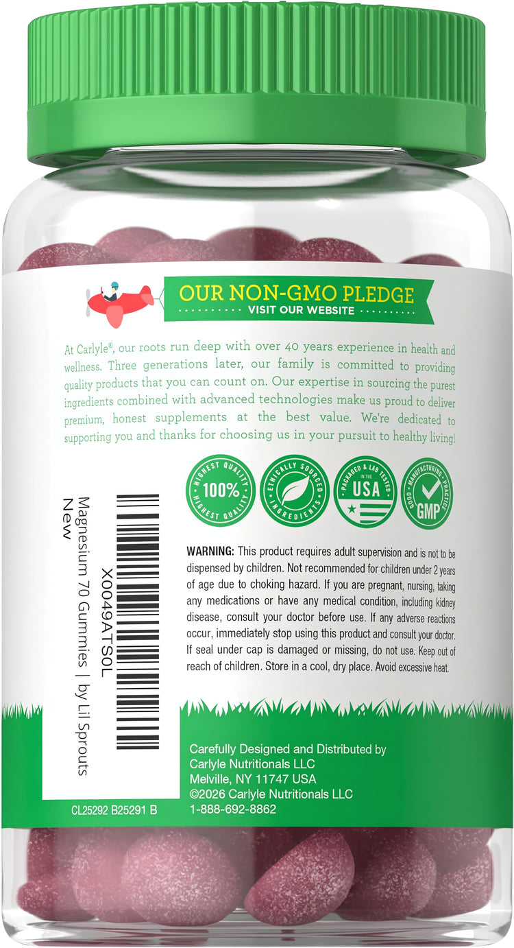 A bottle of Lil Sprouts Magnesium Berry, containing 70 gummies.