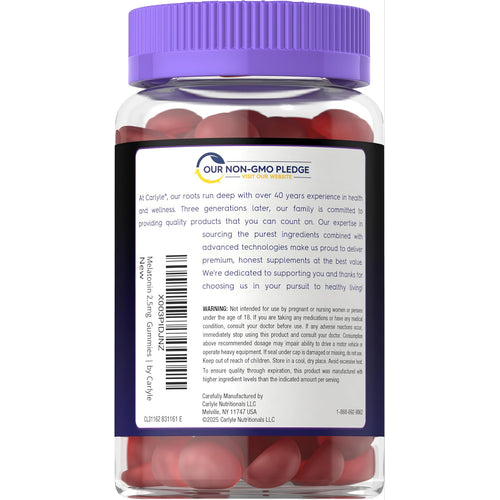View 3 Carlyle Melatonin 2.5 mg bottle contains 90 red gummies, visible inside the container.