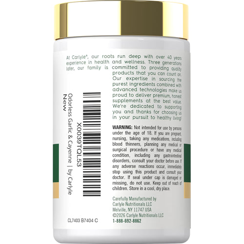 View 3 Carlyle Odorless Garlic & Cayenne supplement bottle for health support.