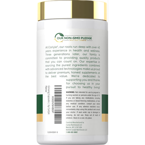 View 3 Carlyle Ginseng 1200 mg 120 Capsules bottle with 'OUR NON-GMO PLEDGE' and 'VISIT OUR WEBSITE' text.