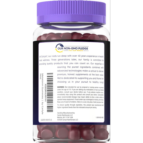 View 3 CL Carlyle Melatonin 3 mg Gummies in a clear jar with a purple cap, containing dark red gummies. Includes 90 count.