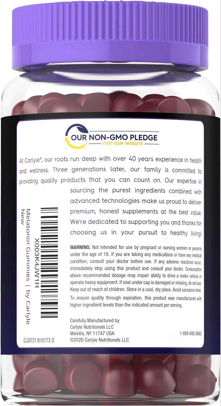 CL Carlyle Melatonin 3 mg Gummies in a clear jar with a purple cap, containing dark red gummies. Includes 90 count.