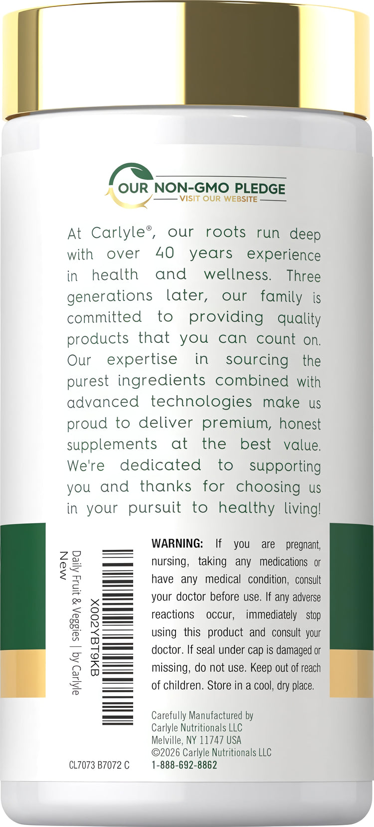 Carlyle Daily Fruit & Veggies, 250 capsules, featuring a Non-GMO Pledge.