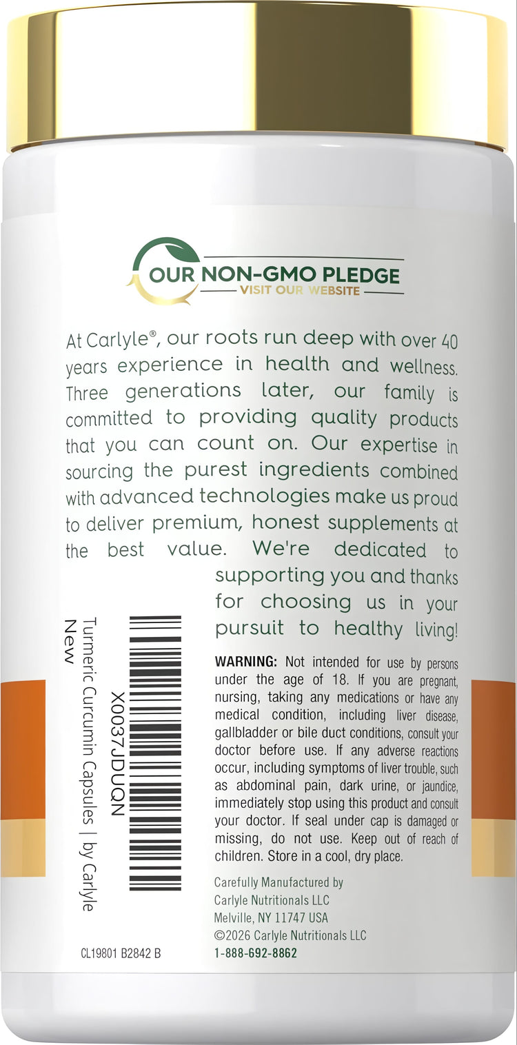 Carlyle Turmeric Curcumin Capsules 500 mg with Bioperine, 180 count bottle.