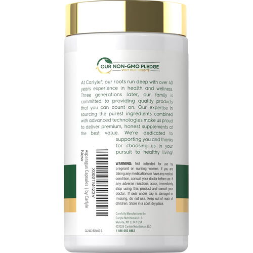 View 3 Asparagus 1600 mg 250 Capsules bottle, back label shows 'Our Non-GMO Pledge' logo with company details.