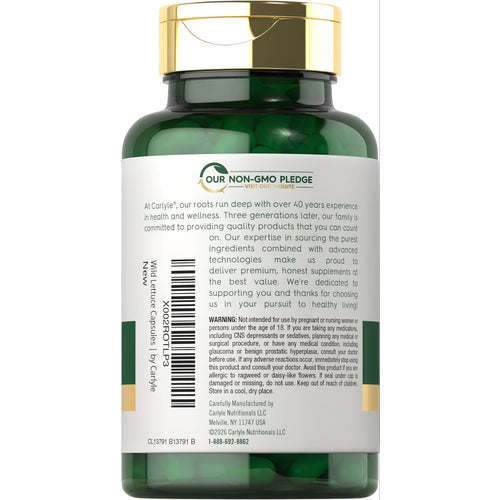 View 3 Carlyle Wild Lettuce 500 mg, 200 capsules, in a bottle for natural dietary supplement use.