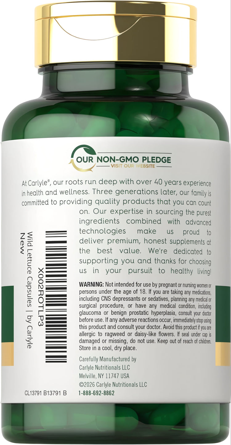 Carlyle Wild Lettuce 500 mg, 200 capsules, in a bottle for natural dietary supplement use.