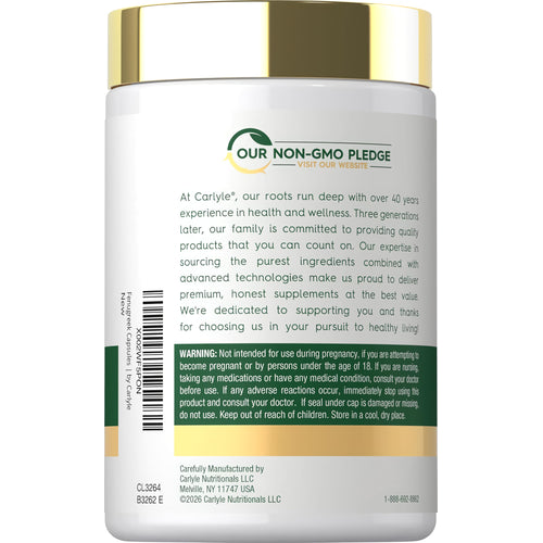 View 3 Carlyle Fenugreek supplement, 3000mg, 300 capsules bottle for wellness support.