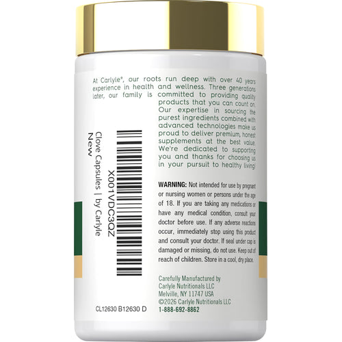 View 3 Carlyle Clove Capsules 1000 mg, 100 count bottle for dietary supplement use.