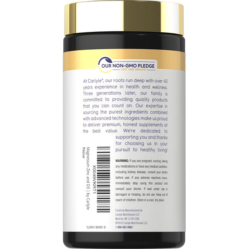 View 3 Carlyle Magnesium Zinc and Vit D 90 Capsules with back label showing Non-GMO Pledge, company story, and warnings.