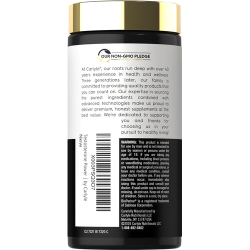 View 3 Carlyle Testosterone Power bottle containing 60 softgels for enhancing vitality and stamina.