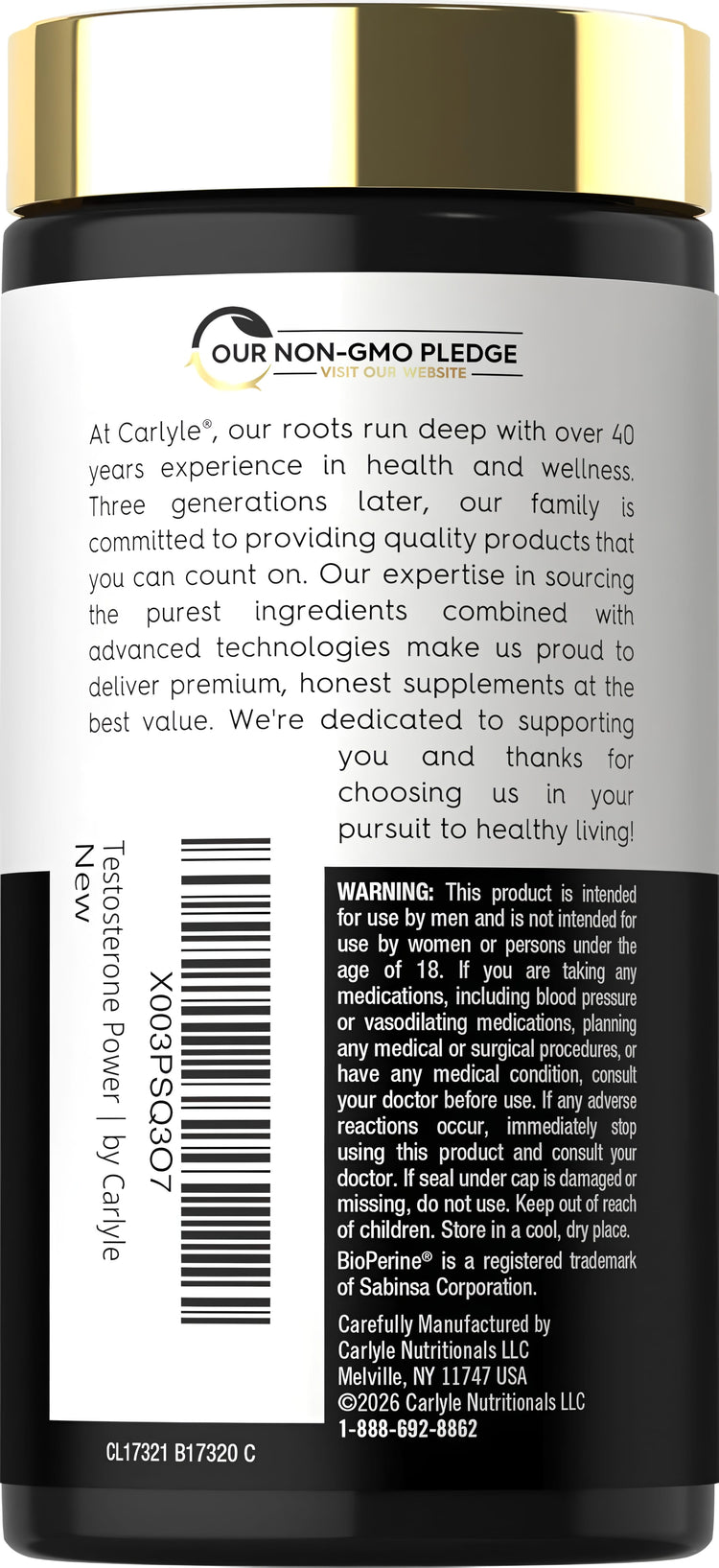 Carlyle Testosterone Power bottle containing 60 softgels for enhancing vitality and stamina.