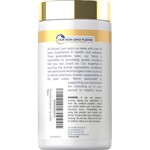 View 3 Carlyle Pancreatin Digestive Enzymes 3000mg 250. The bottle features a 'Our Non-GMO Pledge' logo prominently.