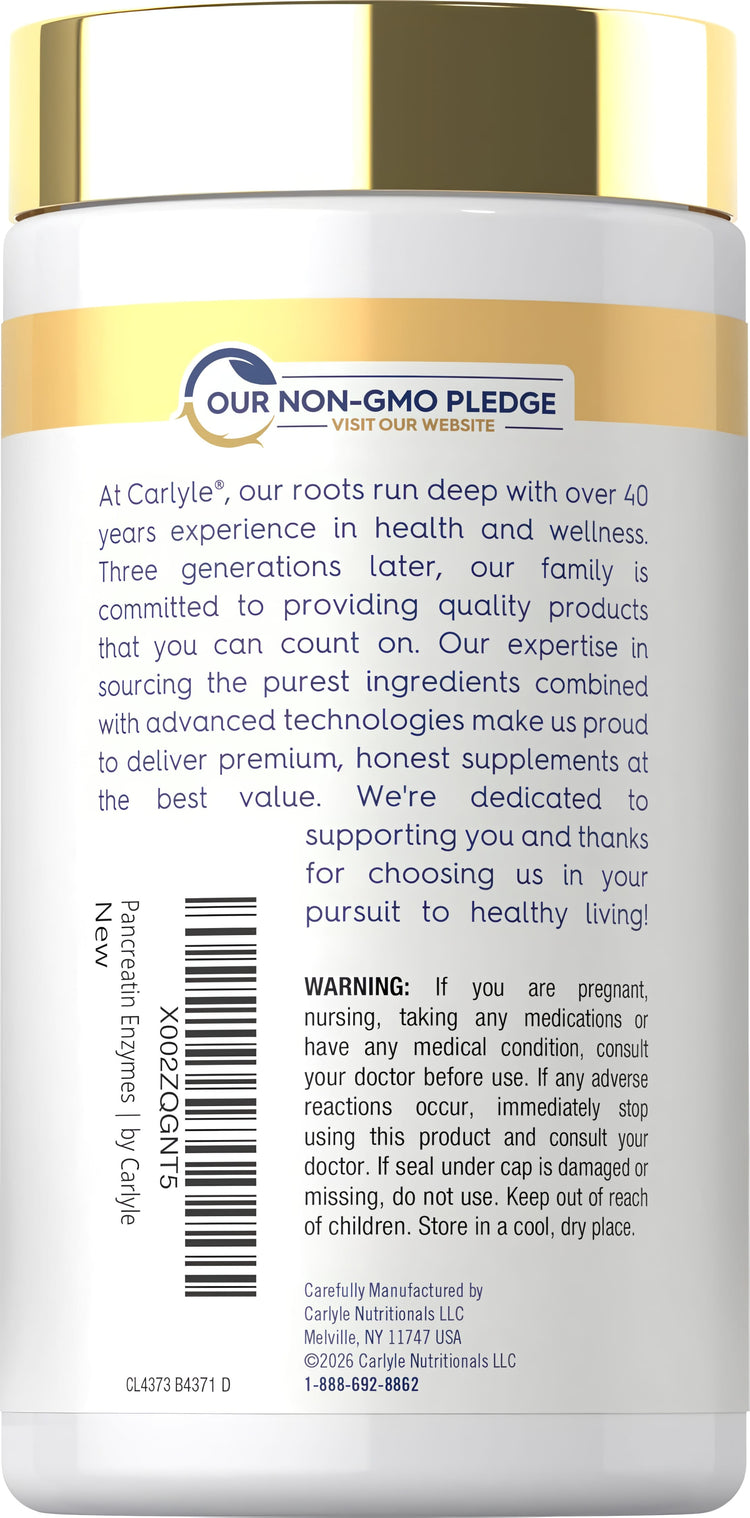 Carlyle Pancreatin Digestive Enzymes 3000mg 250. The bottle features a 'Our Non-GMO Pledge' logo prominently.