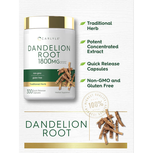 View 4 Carlyle Dandelion Root 1800 mg per serving, 300 quick release capsules, non-GMO, and gluten-free.