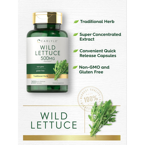 View 4 Carlyle Wild Lettuce supplement, 500 MG equivalent, includes 200 quick release capsules in each bottle.