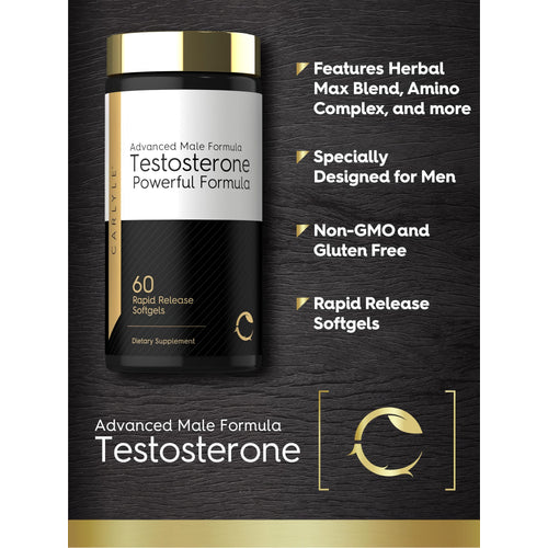 View 4 Product highlights graphic stating Herbal Max Blend, Amino Complex, Designed for Men, Non-GMO, Gluten Free, Rapid Release Softgels.