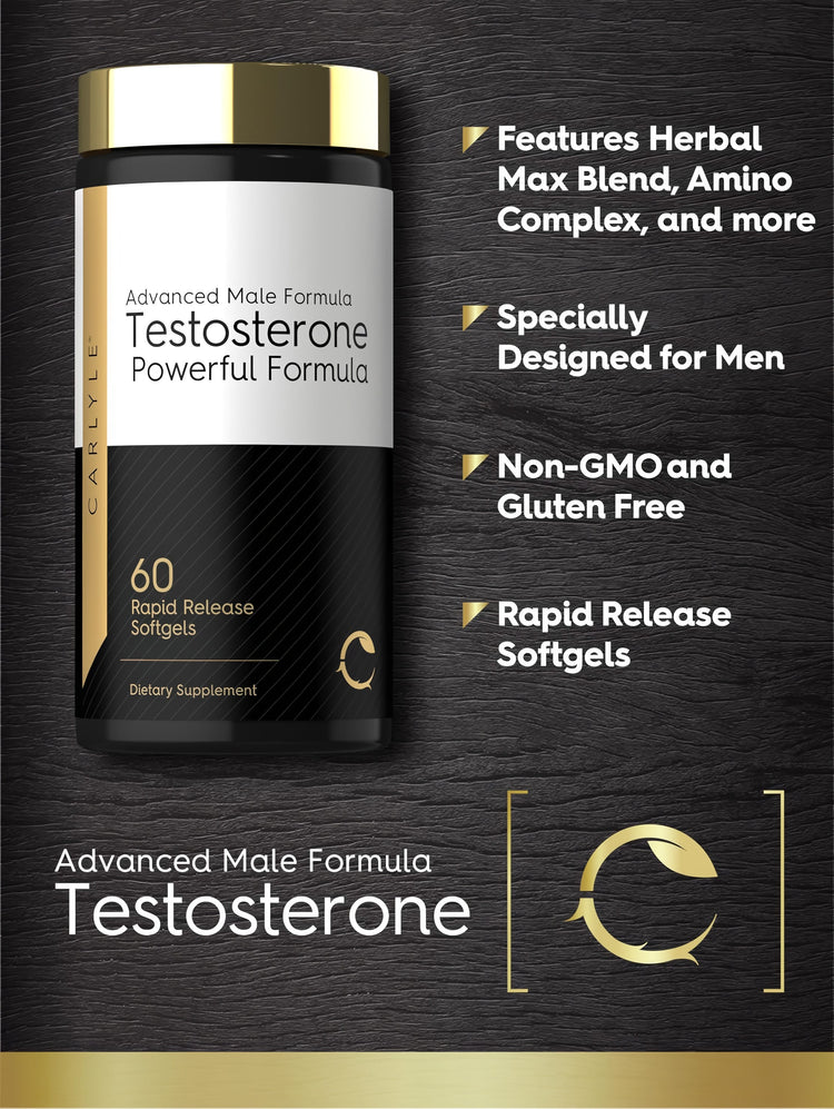 Product highlights graphic stating Herbal Max Blend, Amino Complex, Designed for Men, Non-GMO, Gluten Free, Rapid Release Softgels.