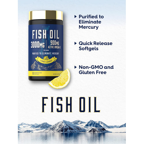 View 4 Product highlights graphic stating Purified to Eliminate Mercury, Quick Release Softgels, Non-GMO, and Gluten Free features.