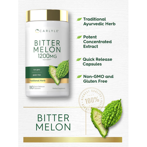 View 4 Carlyle Bitter Melon 1200mg 180 quick-release capsules are non-GMO, gluten-free, and a traditional herbal supplement.