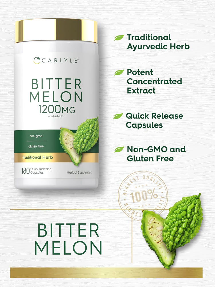 Carlyle Bitter Melon 1200mg 180 quick-release capsules are non-GMO, gluten-free, and a traditional herbal supplement.