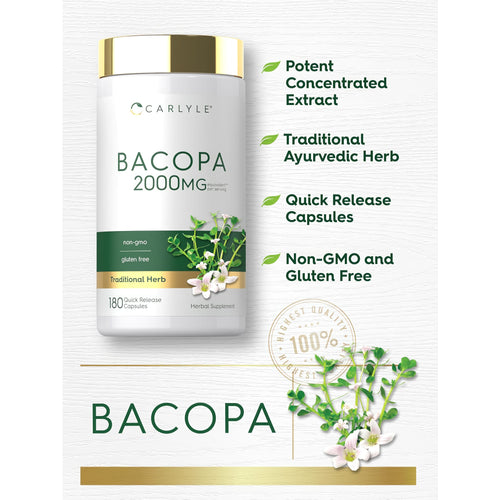 View 4 Carlyle Bacopa 2000mg equivalent per serving with 180 quick release capsules, non-GMO, and gluten-free.