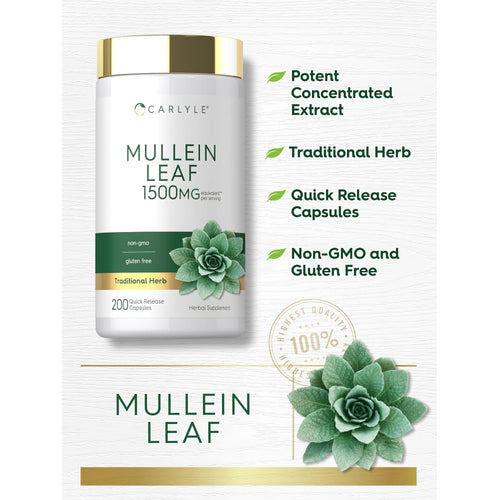 View 4 Carlyle Mullein Leaf capsules: 1500MG per serving, 200 Quick Release, non-GMO, gluten-free herbal supplement.