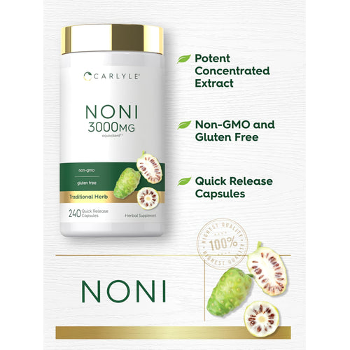 View 4 Carlyle Noni 3000mg, 240 quick release capsules bottle.