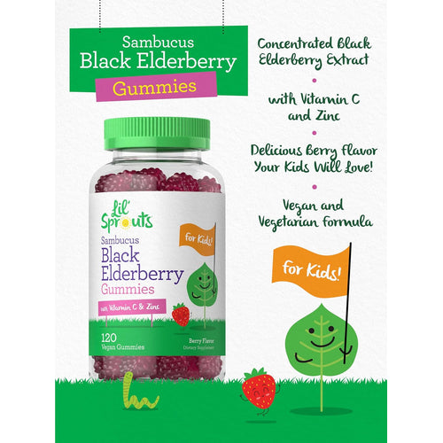 View 4 Lil' Sprouts Sambucus Black Elderberry Gummies with Vitamin C and Zinc, 120 Vegan Gummies, Berry Flavor Dietary Supplement.