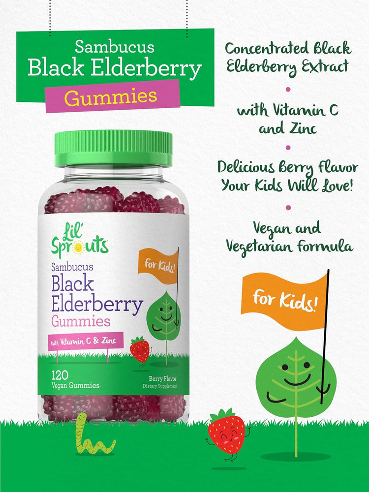Lil' Sprouts Sambucus Black Elderberry Gummies with Vitamin C and Zinc, 120 Vegan Gummies, Berry Flavor Dietary Supplement.